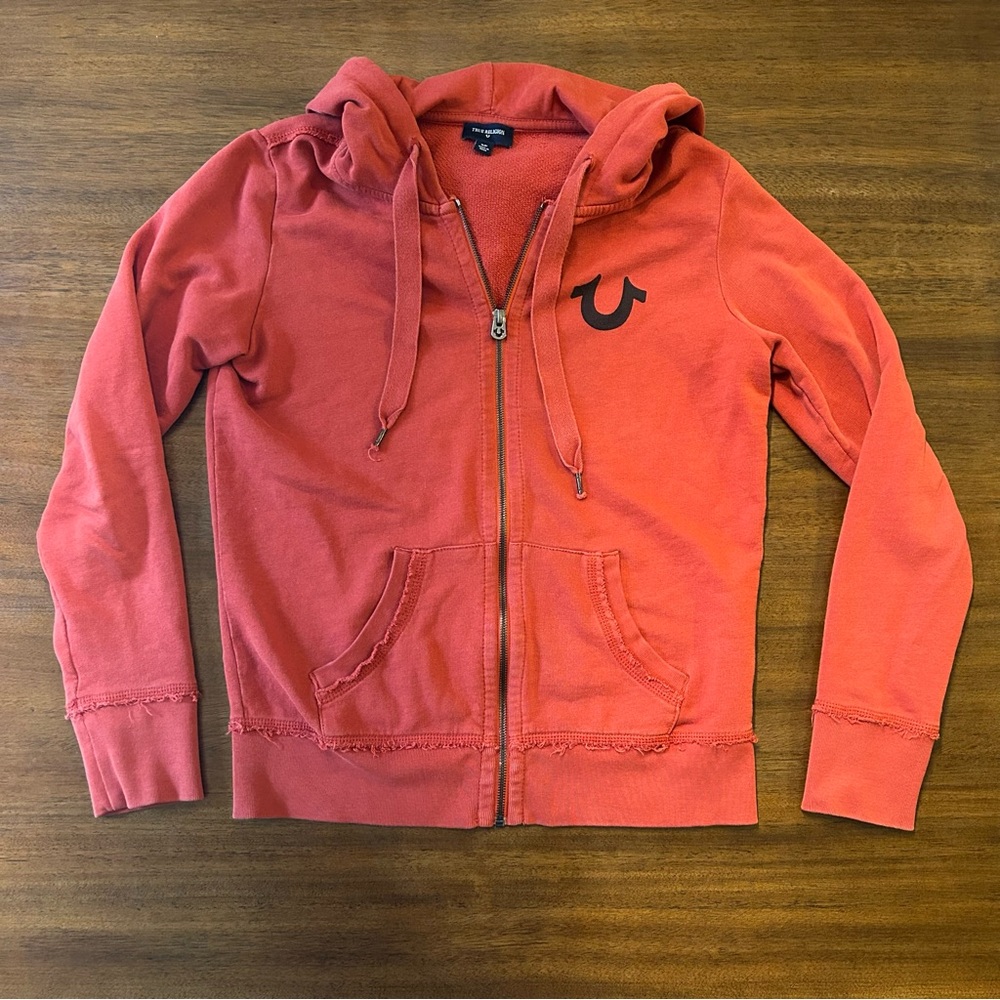 True Religion Zip Up Hoodie Sweatshirt Orange Size Small 100% Cotton